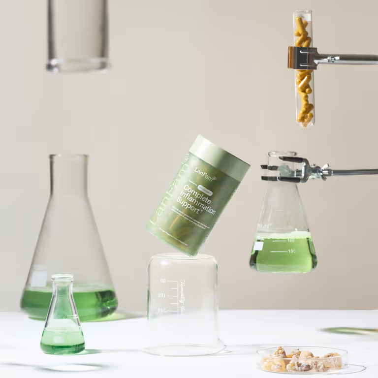 A ProleevaMax jar suspended in laboratory clamps among flasks of green liquid and capsules